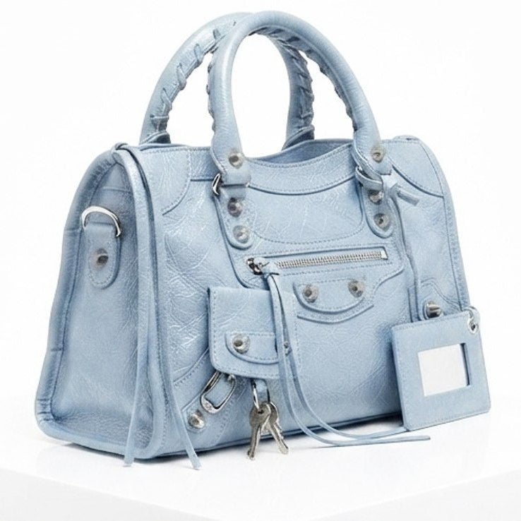 Balenciaga Style Metallic Silver Moto Handbag with Mirror Charm ✨👜
