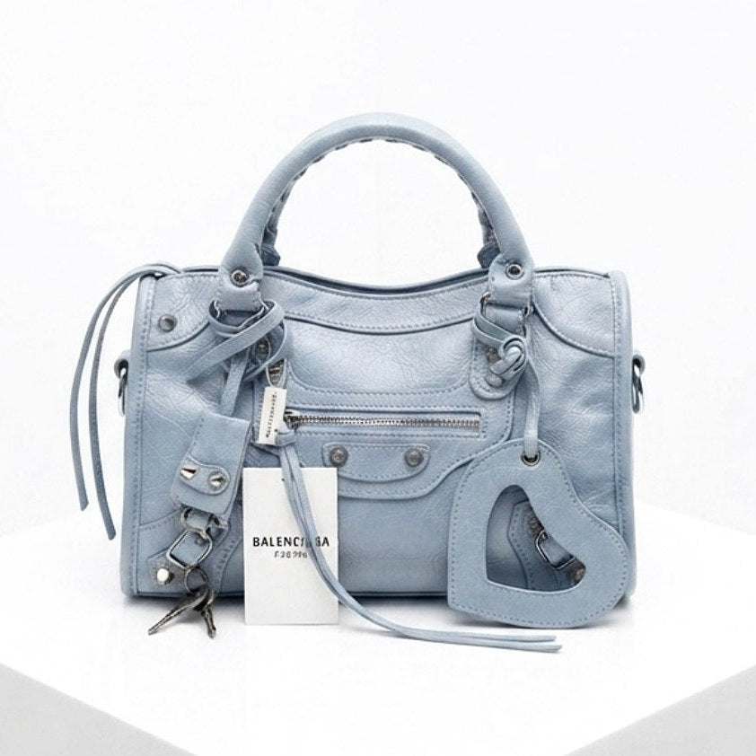 Balenciaga Style Metallic Silver Moto Handbag with Mirror Charm ✨👜