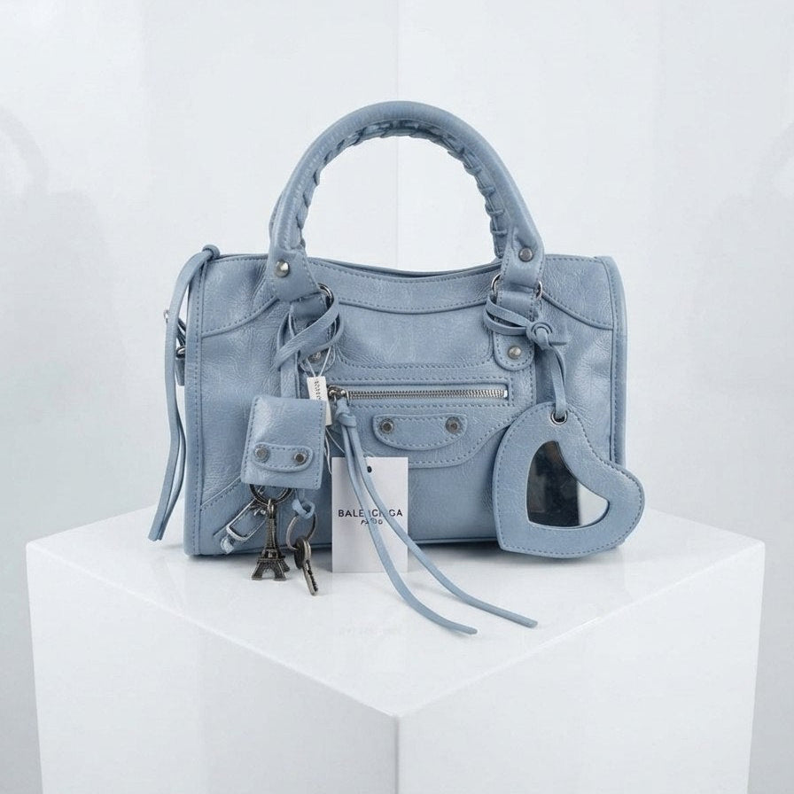 Balenciaga Style Metallic Silver Moto Handbag with Mirror Charm ✨👜