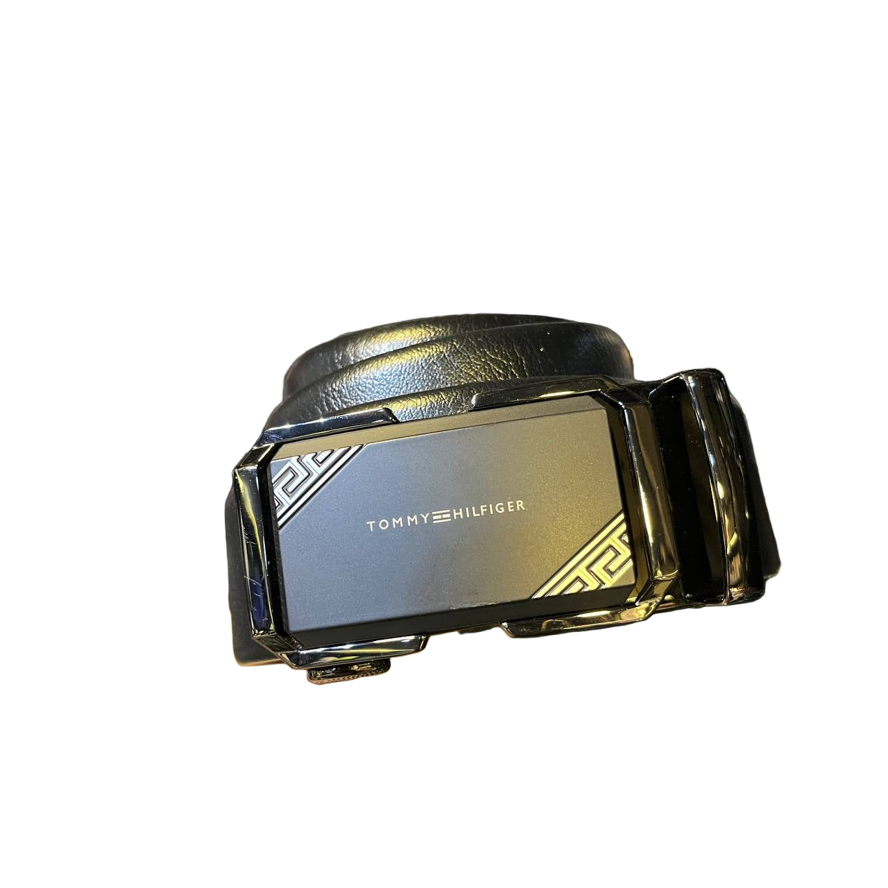 Tommy Hilfiger Black Leather Ratchet Belt with Greek Key Pattern Buckle 🔑⚫✨