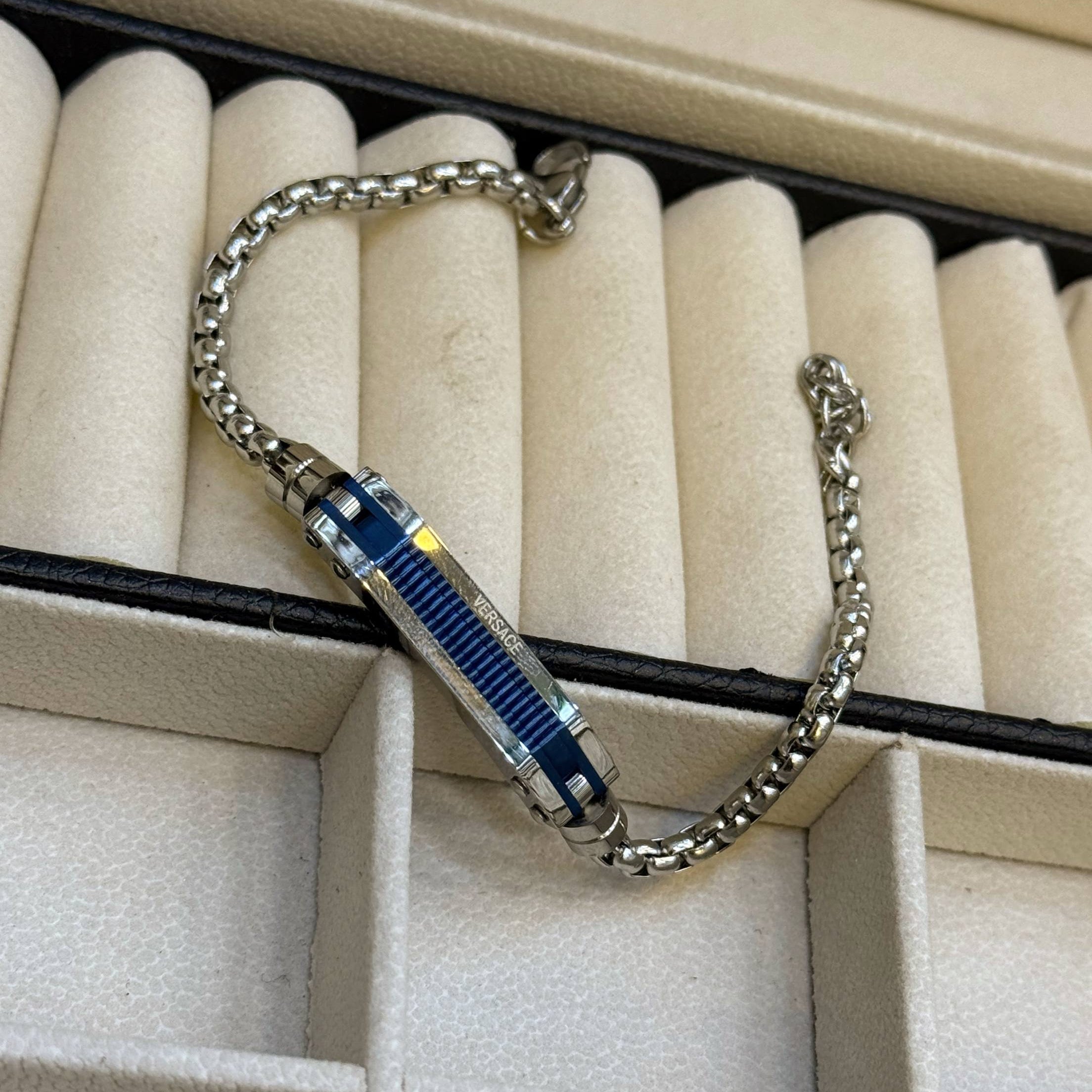 Versace Blue Ribbed ID Plate Chain Bracelet ⛓️💙✨