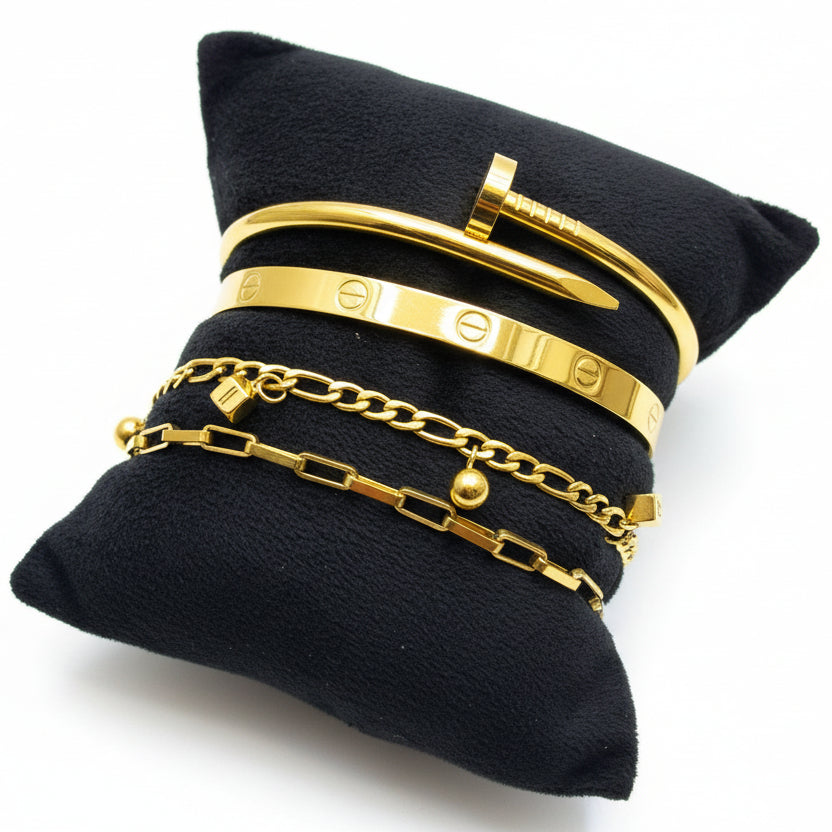 Elegant 4-Piece Gold Layered Bracelet Set with Nail and Screw Motifs ✨ ⚜️ 💛