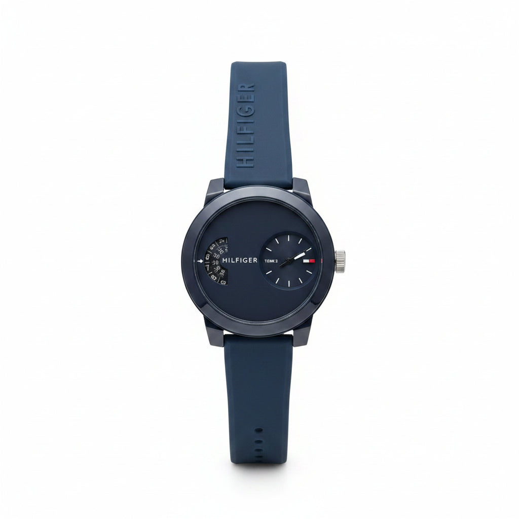 Tommy Hilfiger Navy and Red Silicone Dual-Dial Sport Watch ⏱️ 🌊 🔵