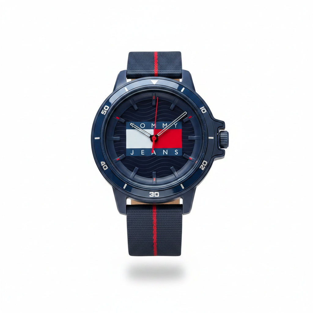 Tommy Jeans Men's Sporty Navy Silicone Watch ⌚ 🌊 🔴