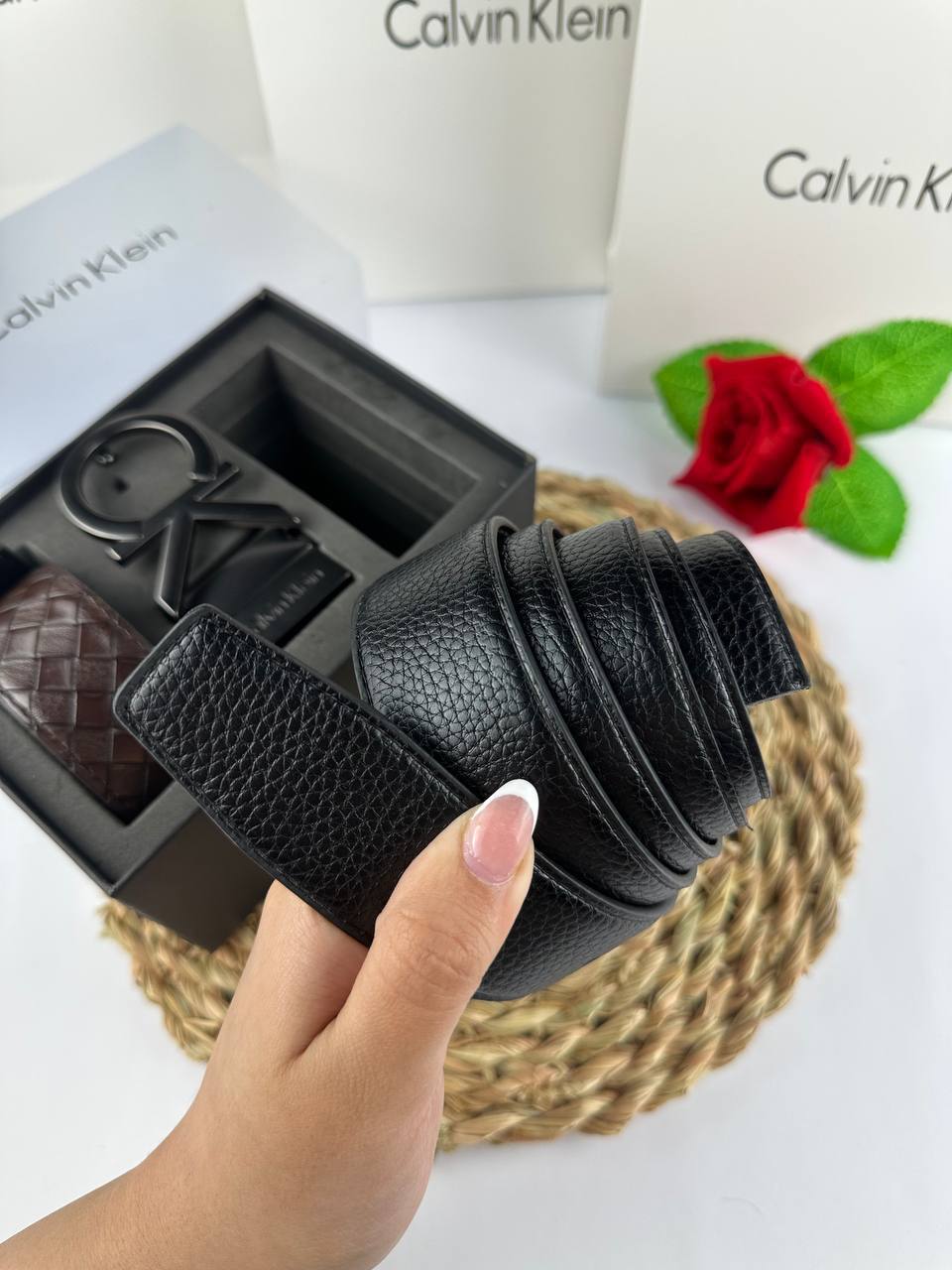 Calvin Klein Signature CK Logo Belt Set with Two Leather Straps 🤎✨🎁