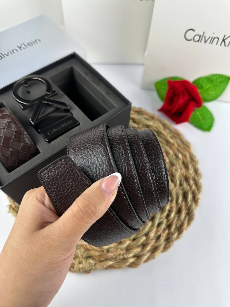 Calvin Klein Signature CK Logo Belt Set with Two Leather Straps 🤎✨🎁
