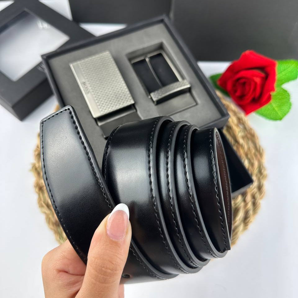 HUGO BOSS Reversible Leather Belt Set with Two Textured Buckles 🖤🎁✨