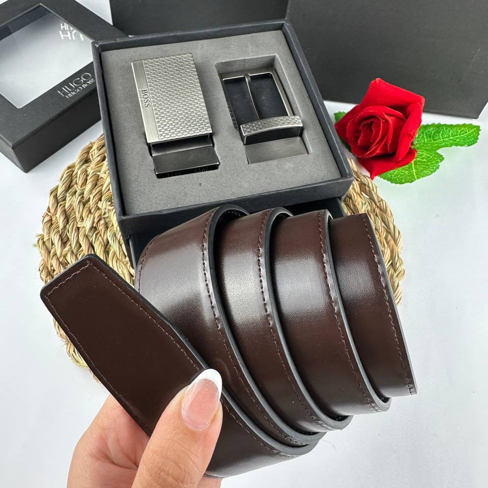 HUGO BOSS Reversible Leather Belt Set with Two Textured Buckles 🖤🎁✨