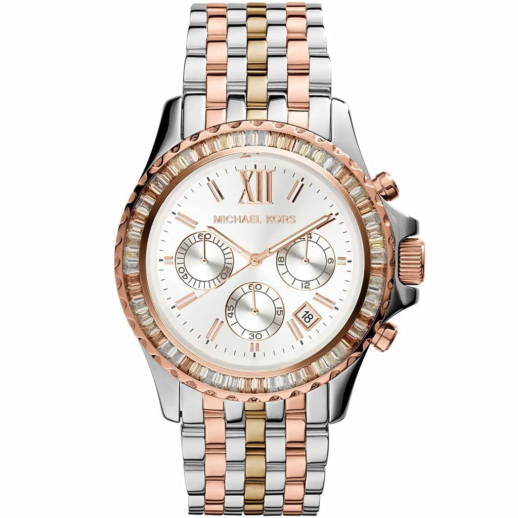 Michael Kors Tri-Tone Ritz Chronograph Watch with Baguette Crystal Bezel ✨⌚💎