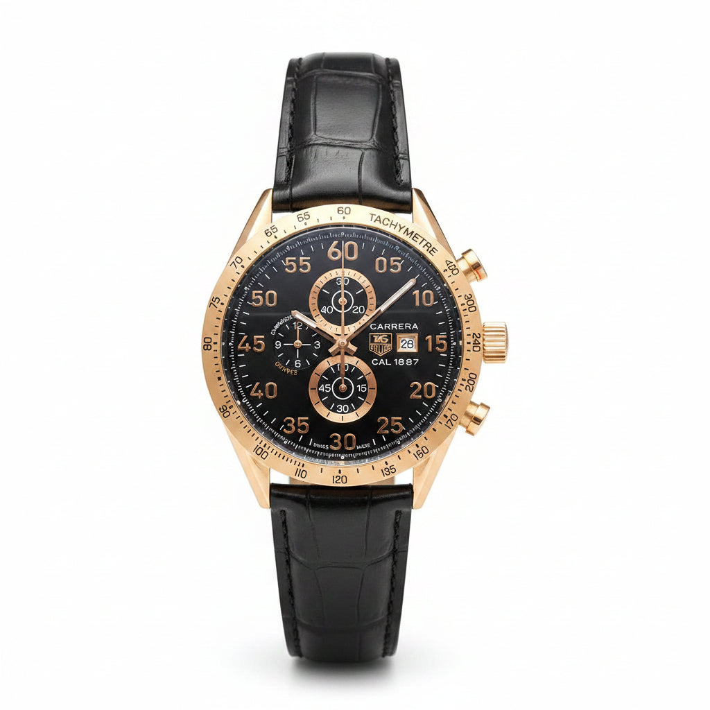 TAG Heuer Carrera Calibre 1887 Chronograph in Rose Gold and Black Leather ⌚✨💼