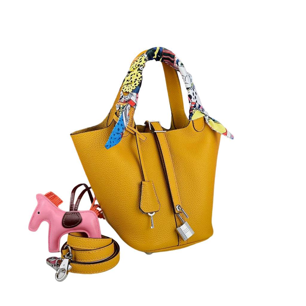 Luxe Yellow Textured Leather Bucket Bag with Silk Scarf Accent and Horse Charm 🐎✨💛