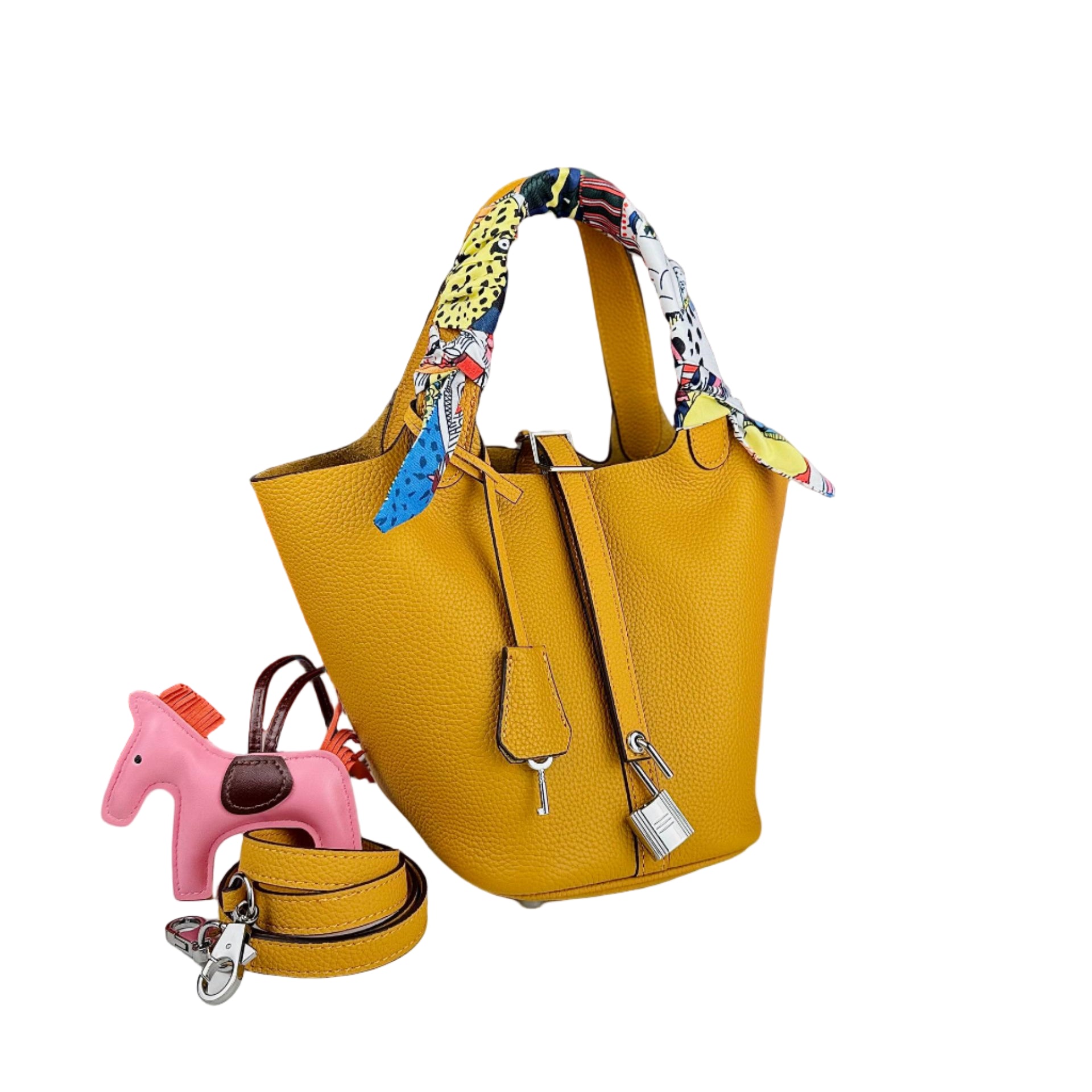 Luxe Yellow Textured Leather Bucket Bag with Silk Scarf Accent and Horse Charm 🐎✨💛