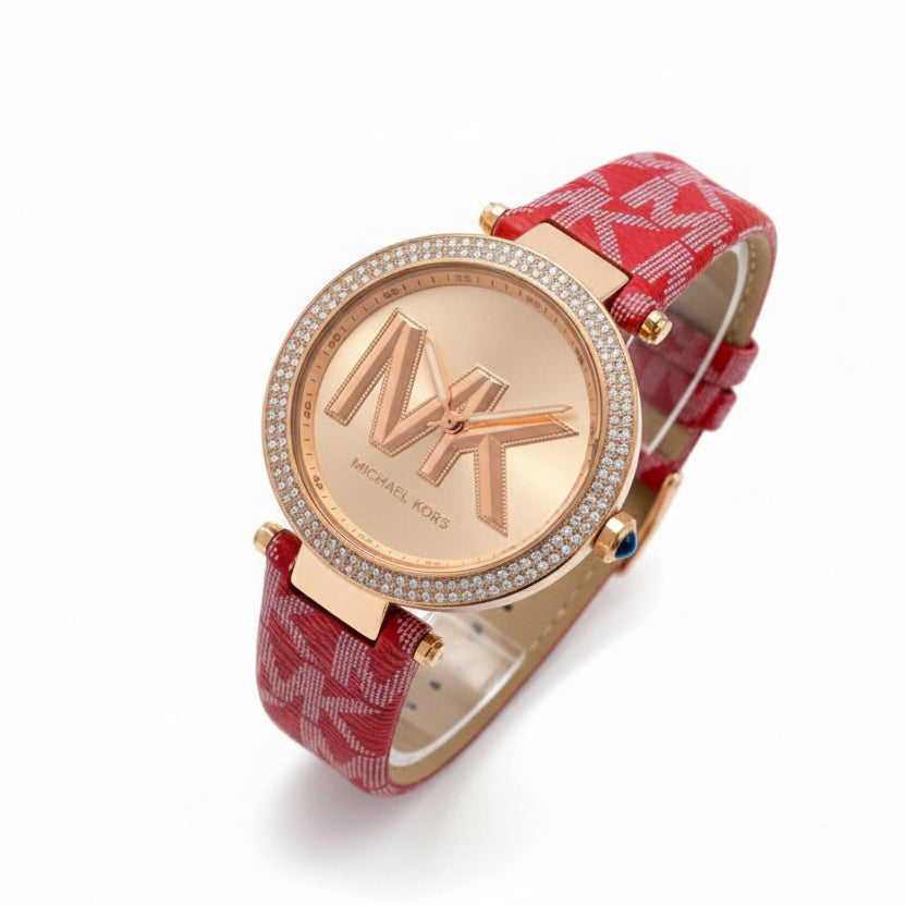 Michael Kors Rose Gold Logo Watch with Red Monogram Strap ⌚✨🌹