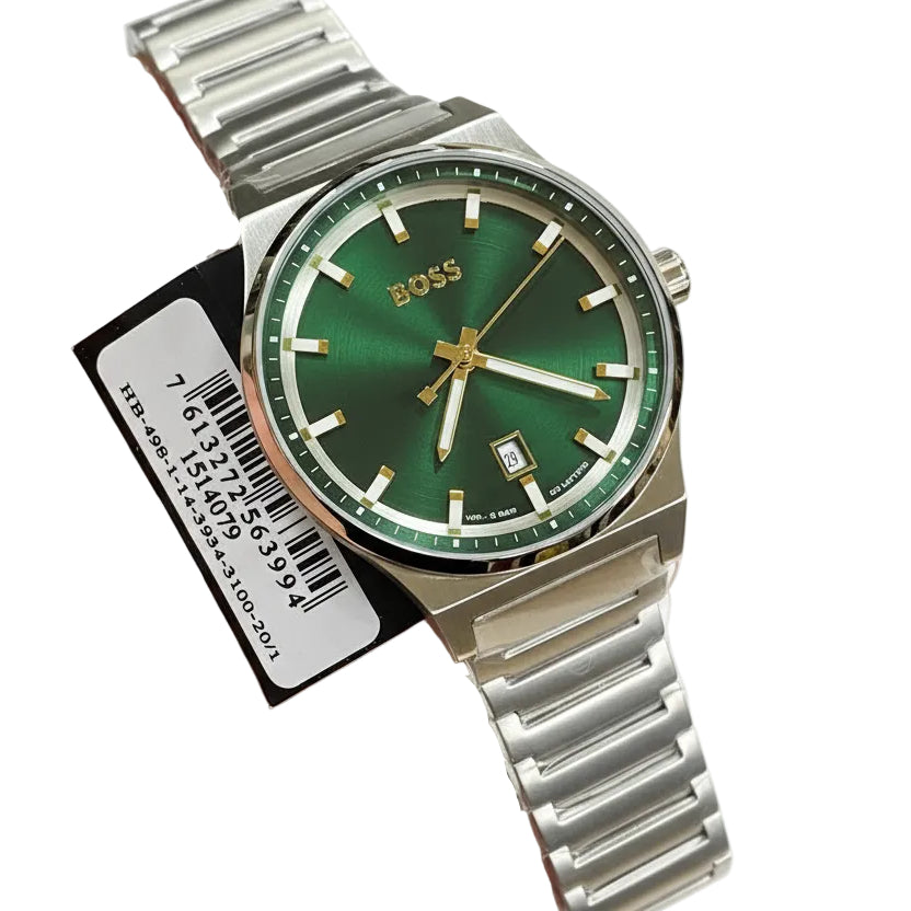Gemini said BOSS Skymaster Silver Bracelet Watch with Emerald Green Dial ⌚✨👔