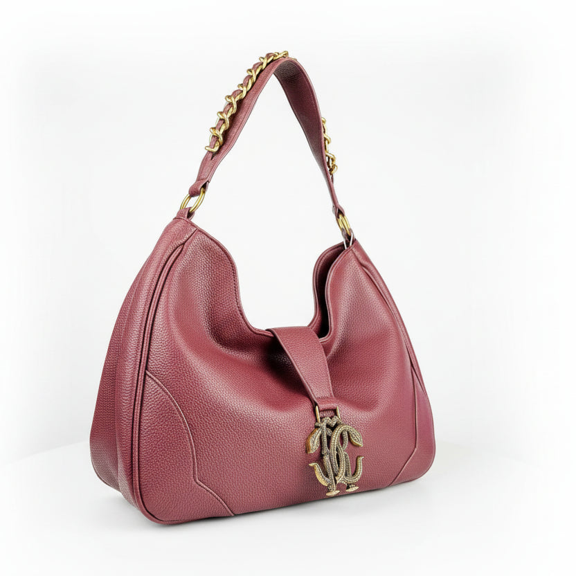 Roberto Cavalli Grained Leather Hobo Bag with Serpent Hardware 👜🐍🍷