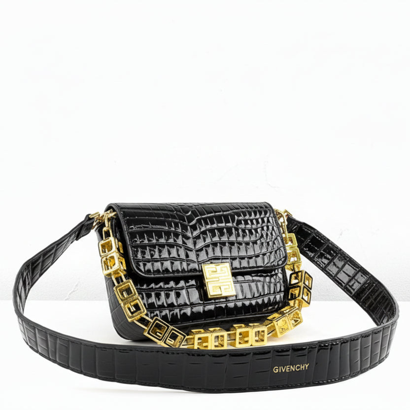 Givenchy Black Croc-Embossed Leather Bag with Gold G-Link Chain 👜✨🖤