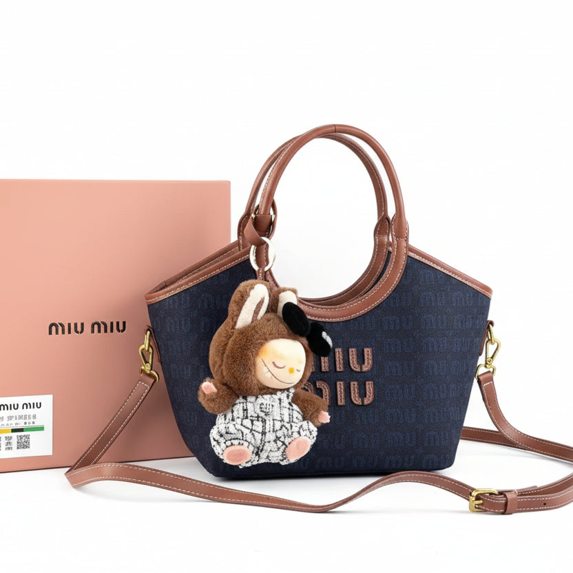 Miu Miu Denim Ivory Stitch Mini Tote Bag with Plush Charm 👜✨💙