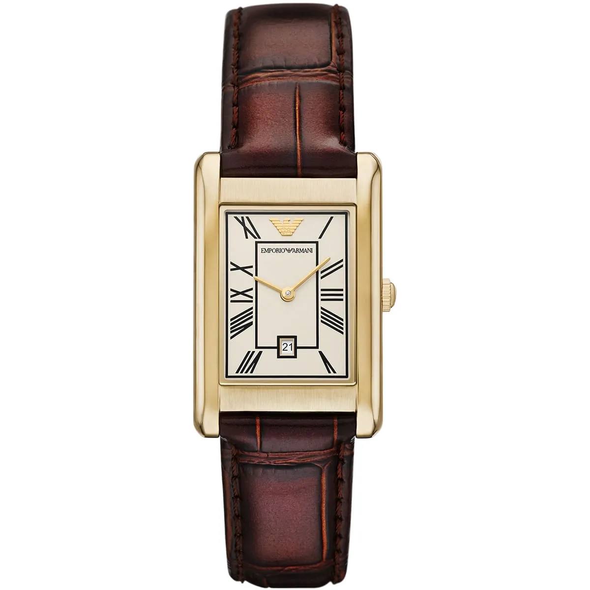 Emporio Armani Gold Rectangular Watch with Brown Leather Strap ⌚✨💼