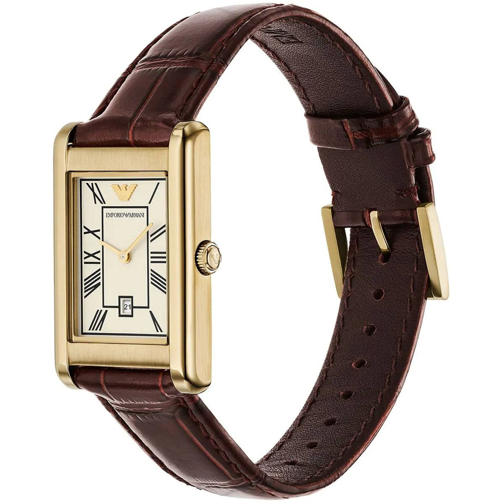 Emporio Armani Gold Rectangular Watch with Brown Leather Strap ⌚✨💼