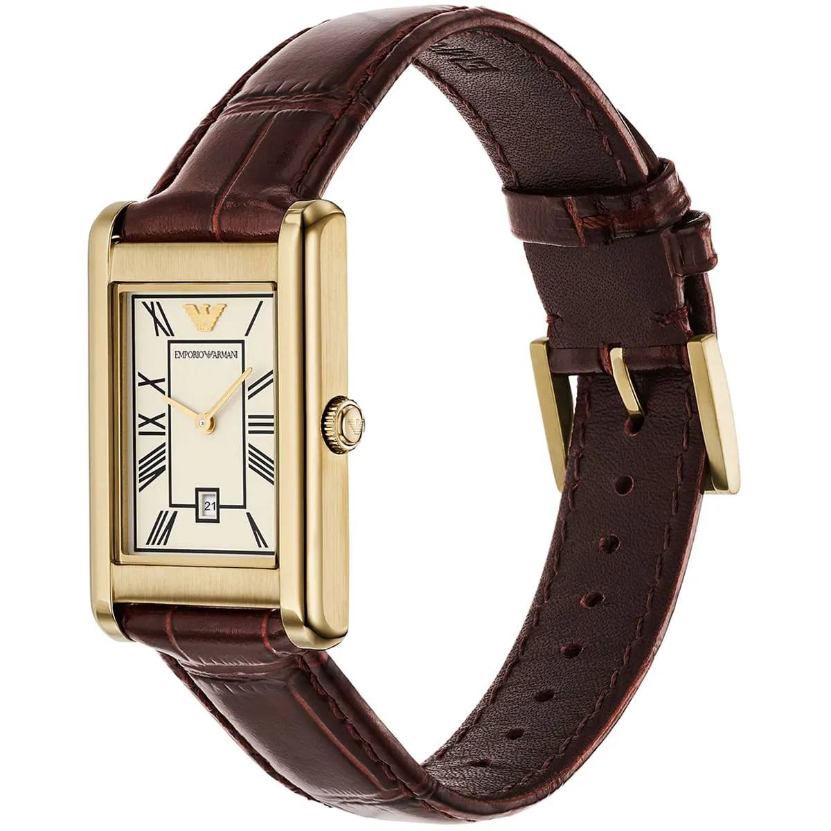 Emporio Armani Gold Rectangular Watch with Brown Leather Strap ⌚✨💼