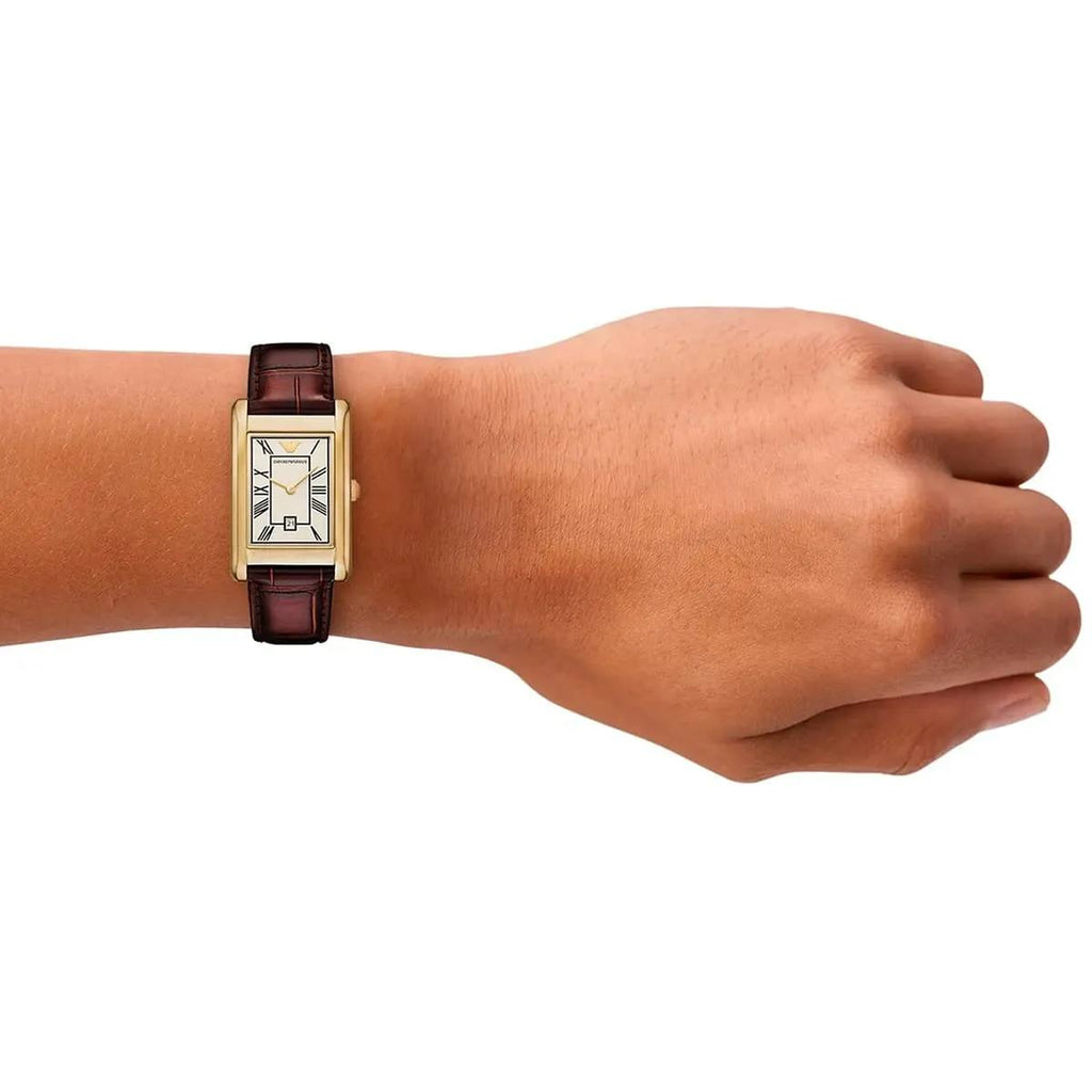 Emporio Armani Gold Rectangular Watch with Brown Leather Strap ⌚✨💼
