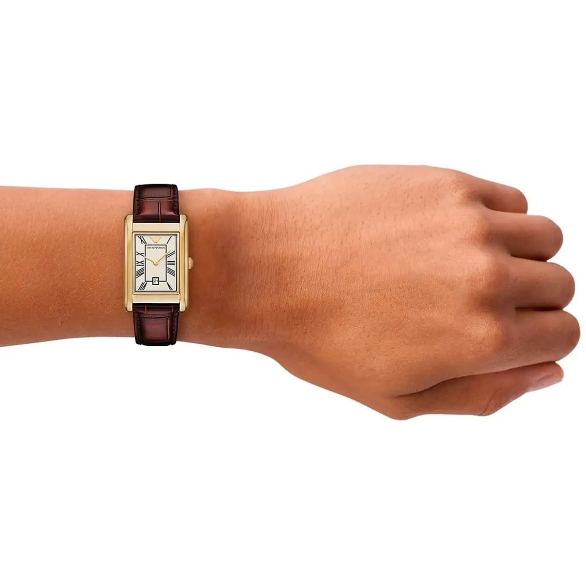 Emporio Armani Gold Rectangular Watch with Brown Leather Strap ⌚✨💼