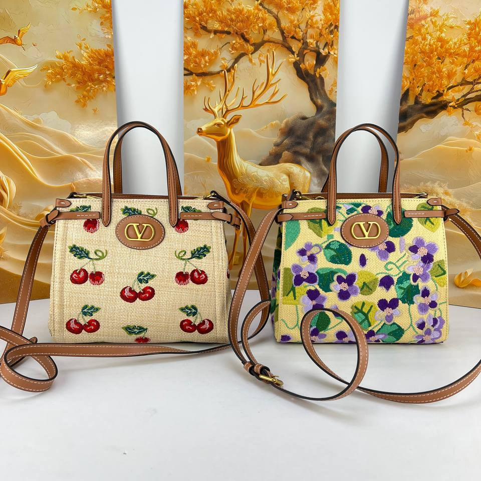 Valentino Garavani VLogo Signature Small Raffia Tote Bag with Floral Embroidery 🍒🌸✨