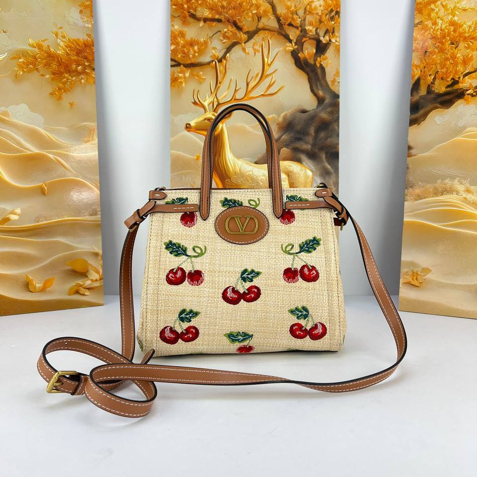 Valentino Garavani VLogo Signature Small Raffia Tote Bag with Floral Embroidery 🍒🌸✨
