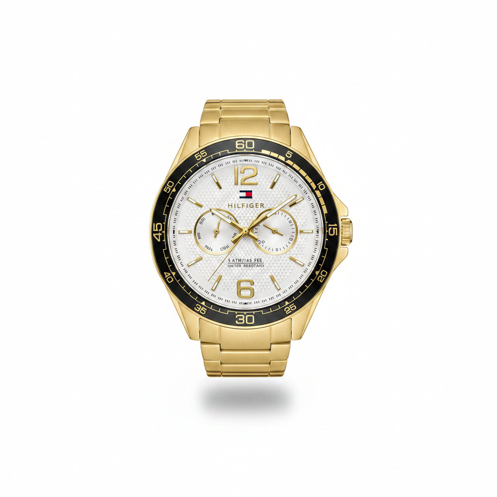 Tommy Hilfiger Gold-Tone Multifunction Watch with Black Bezel ⌚✨👑
