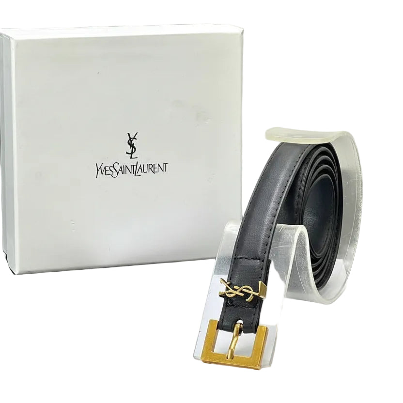 Saint Laurent Monogram Leather Belt with Gold Buckle ✨🖤 🇫🇷