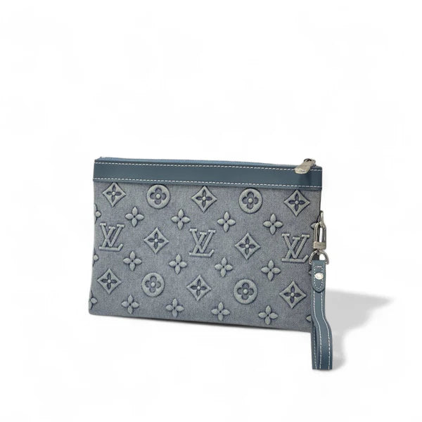 Louis Vuitton Monogram Denim Pochette Clutch Gray Blue 💎💙