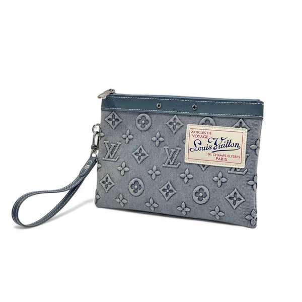 Louis Vuitton Monogram Denim Pochette Clutch Gray Blue 💎💙
