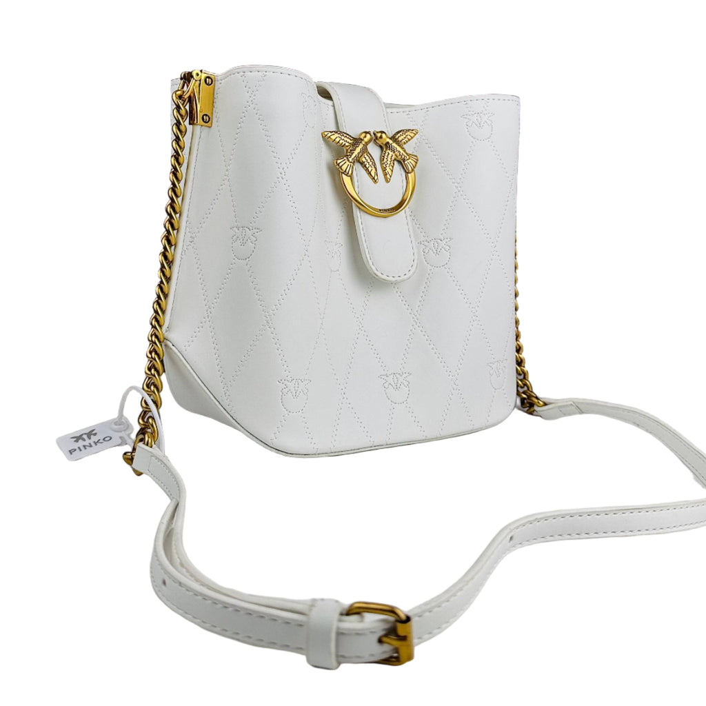 PINKO Love Bag White Quilted Bucket Crossbody with Gold Chain 🕊️⚪️🔗