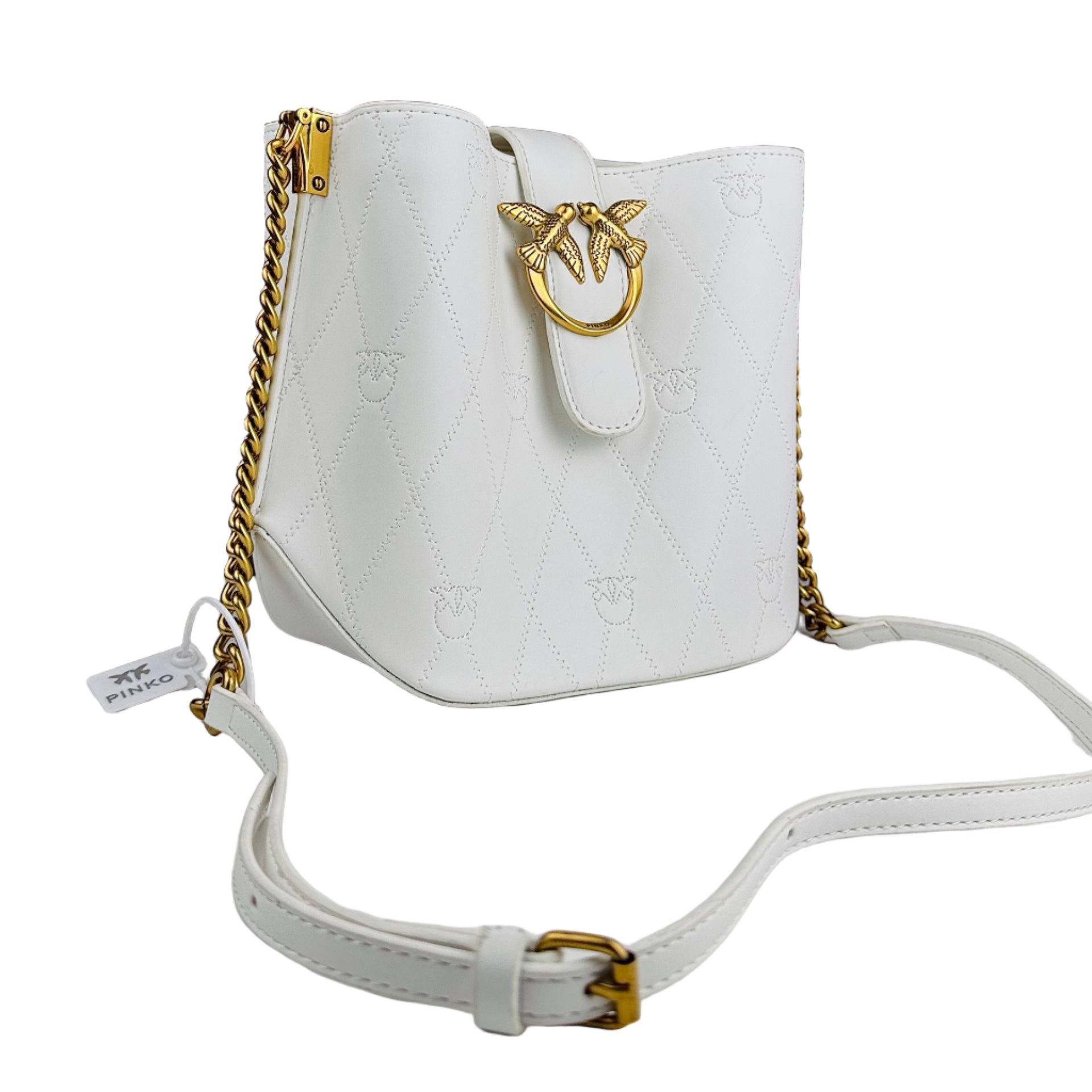 PINKO Love Bag White Quilted Bucket Crossbody with Gold Chain 🕊️⚪️🔗