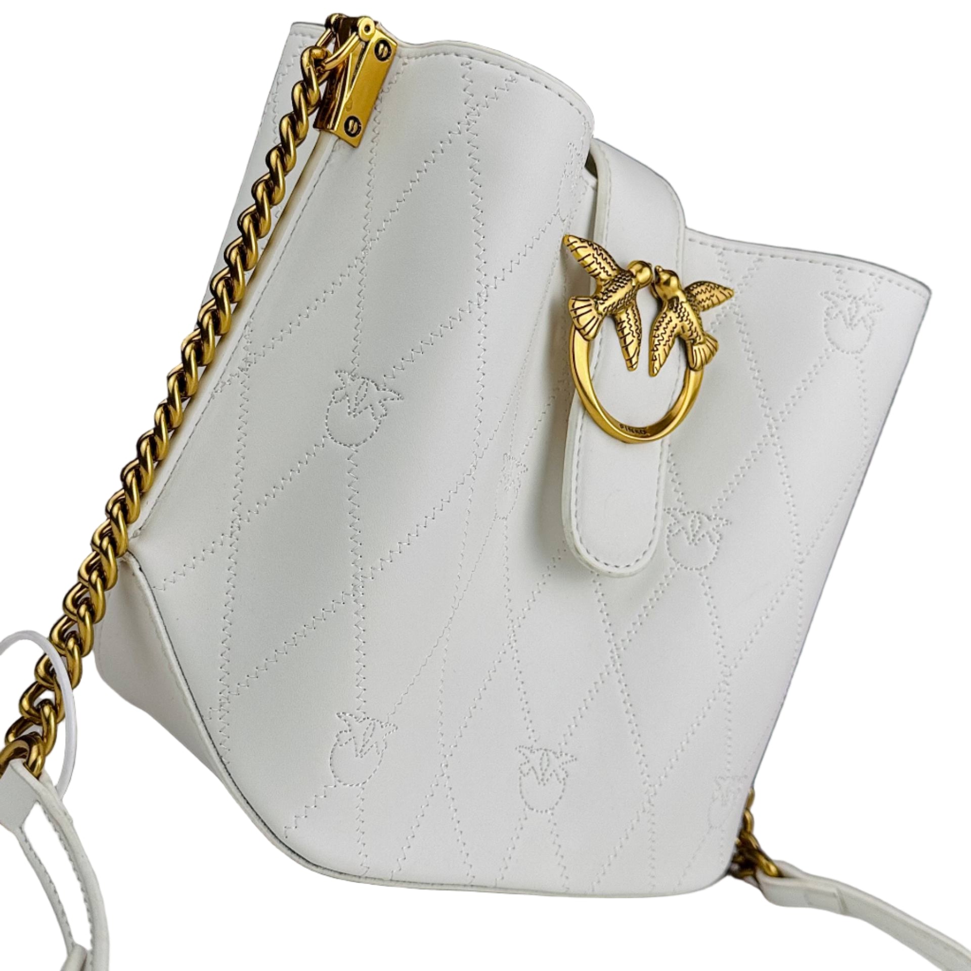PINKO Love Bag White Quilted Bucket Crossbody with Gold Chain 🕊️⚪️🔗