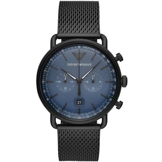 Emporio Armani Men's Aviator Chronograph Watch with Blue Dial and Black Mesh Bracelet ⌚️🔹👔