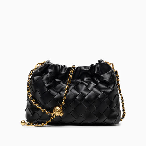 ⚫ Black Woven Leather Shoulder Bag with Gold Chain 🌟