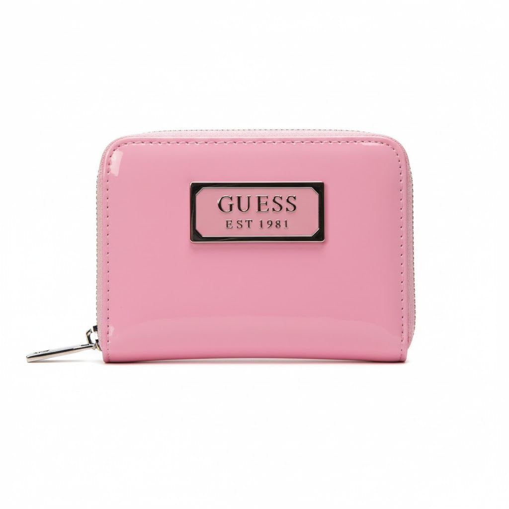 GUESS Pink Patent Zip-Around Wallet with Metal Logo Plaque 💖✨🔒