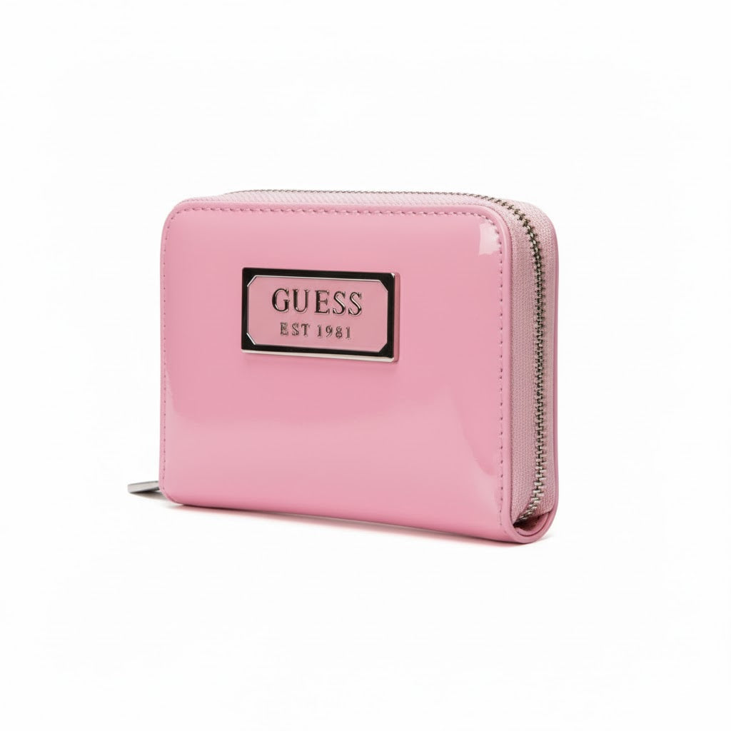 GUESS Pink Patent Zip-Around Wallet with Metal Logo Plaque 💖✨🔒