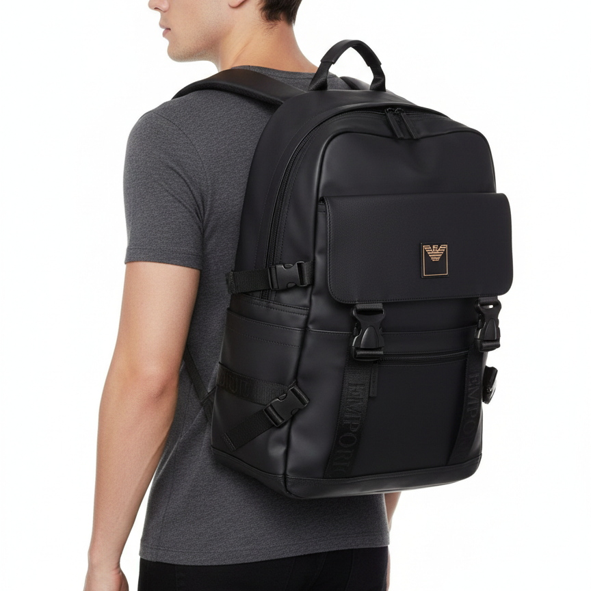Emporio Armani Matte Black Luxury Tech Backpack 🦅💼🌑