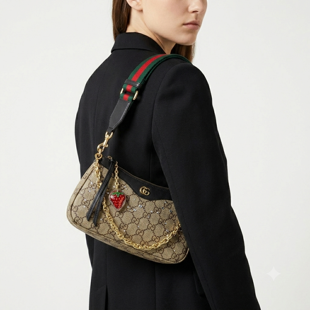 Gucci Crystal Embellished Shoulder Bag with Strawberry Charm ✨🍓