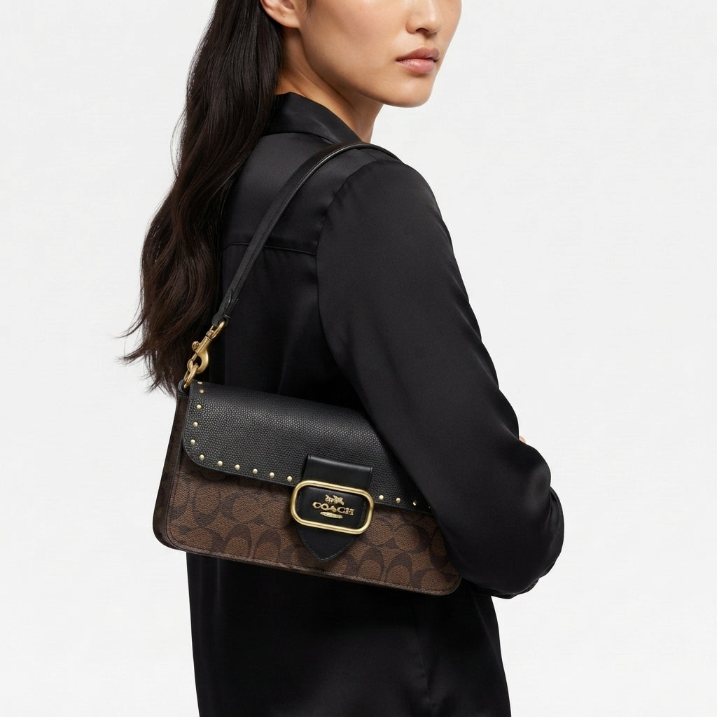 Coach Signature Monogram Shoulder Bag with Studded Detail
