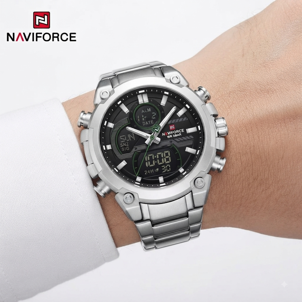 NAVIFORCE Stainless Steel Dual Display Sport Watch