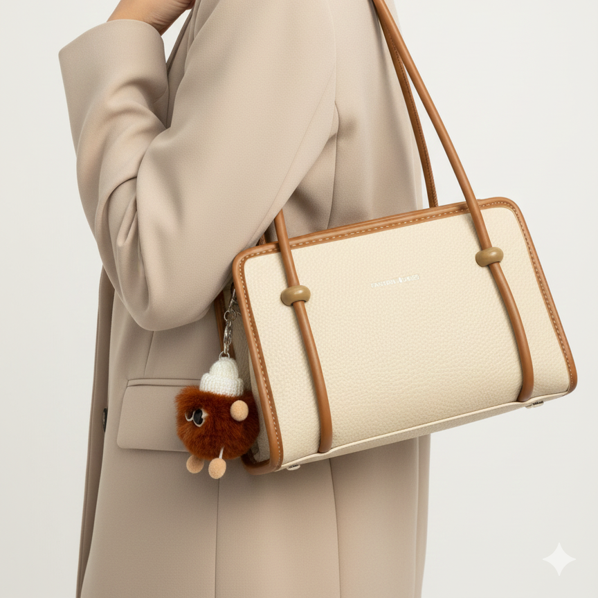 Fashion & Bags Cream Textured Handbag with Brown Trim and Plush Charm 👜✨👜