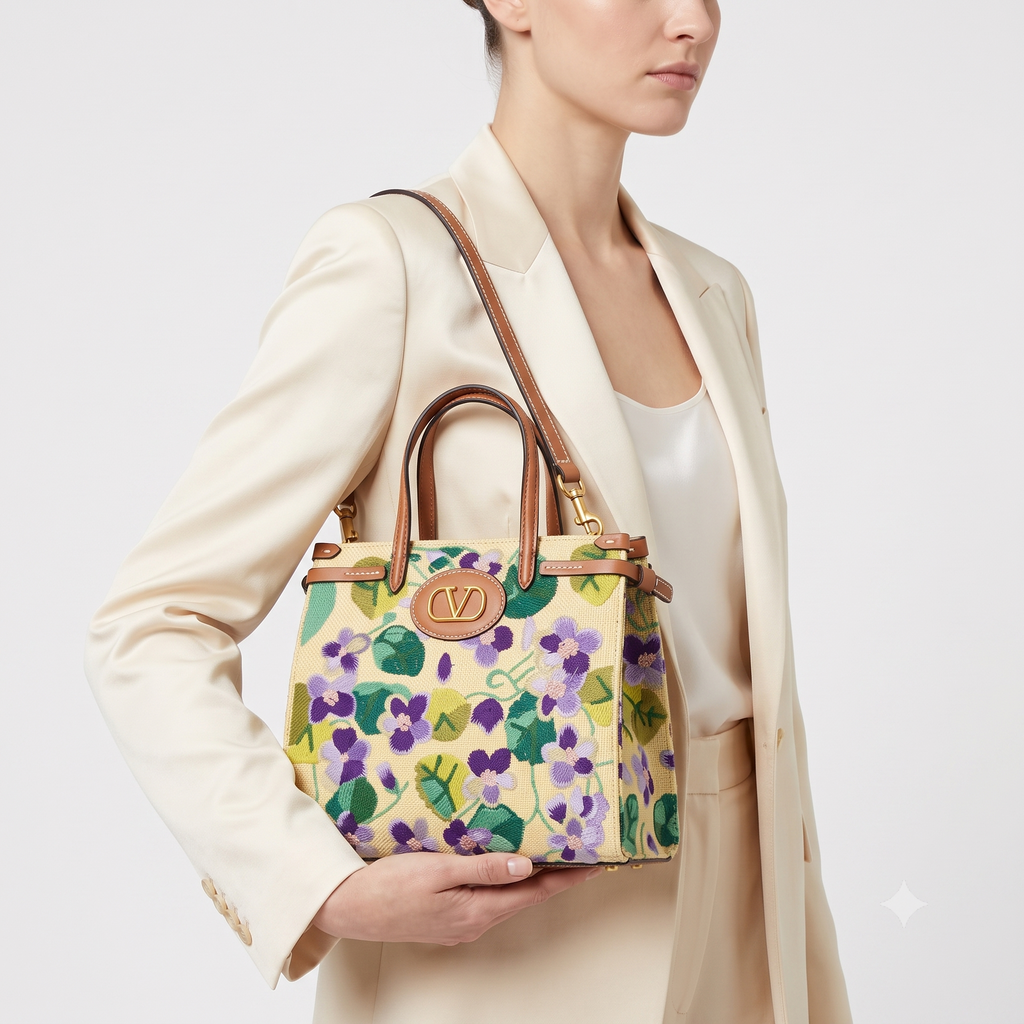 Valentino Floral Embroidered Leather Trim Bag 🌸👜