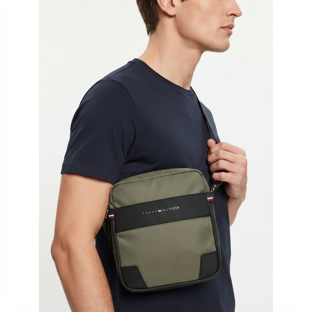 Tommy Hilfiger Olive Green Crossbody Bag with Black Accents 🌿👜