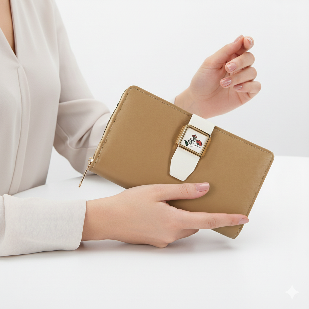 💖 Elegant Tan Zip Wallet with Floral Buckle Detail 🌸✨