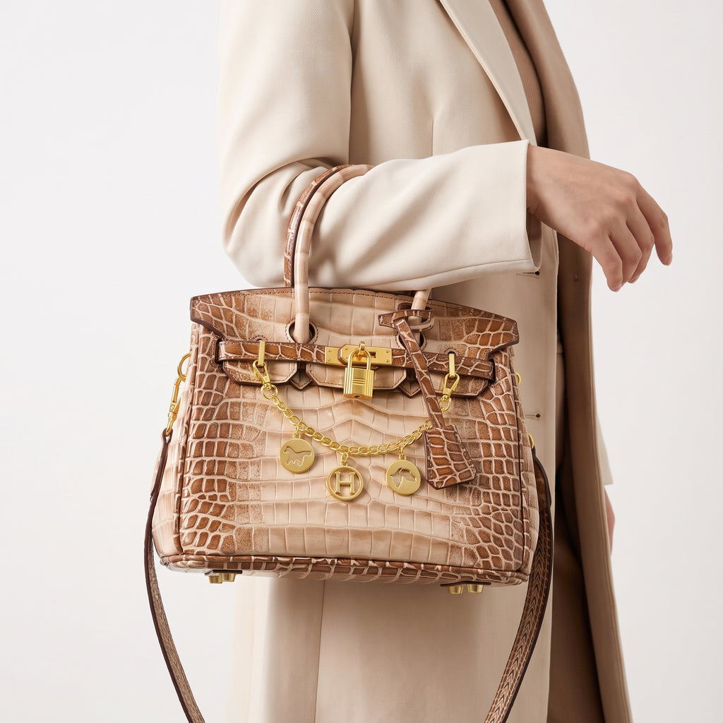 Luxury Crocodile Pattern Handbag with Decorative Charms and Chain