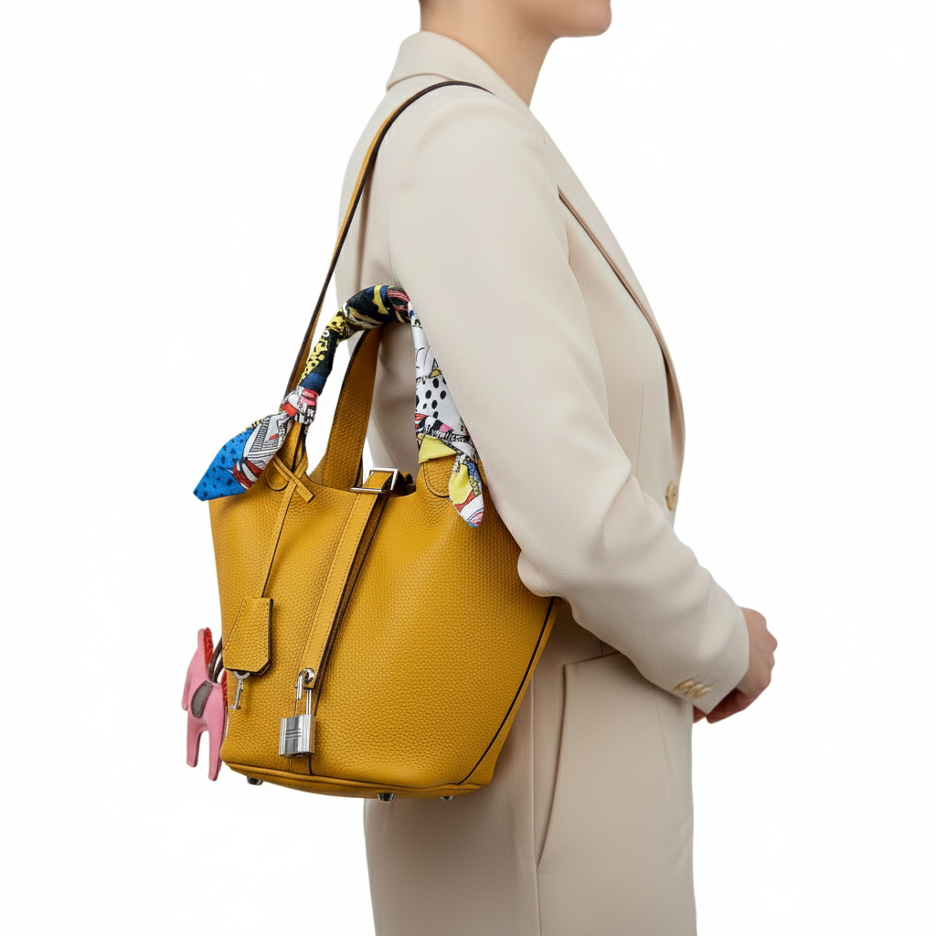 Luxe Yellow Textured Leather Bucket Bag with Silk Scarf Accent and Horse Charm 🐎✨💛