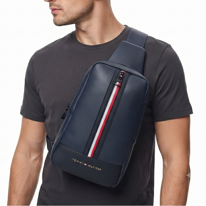 Tommy Hilfiger Navy Blue Faux Leather Signature Stripe Sling Bag 💼